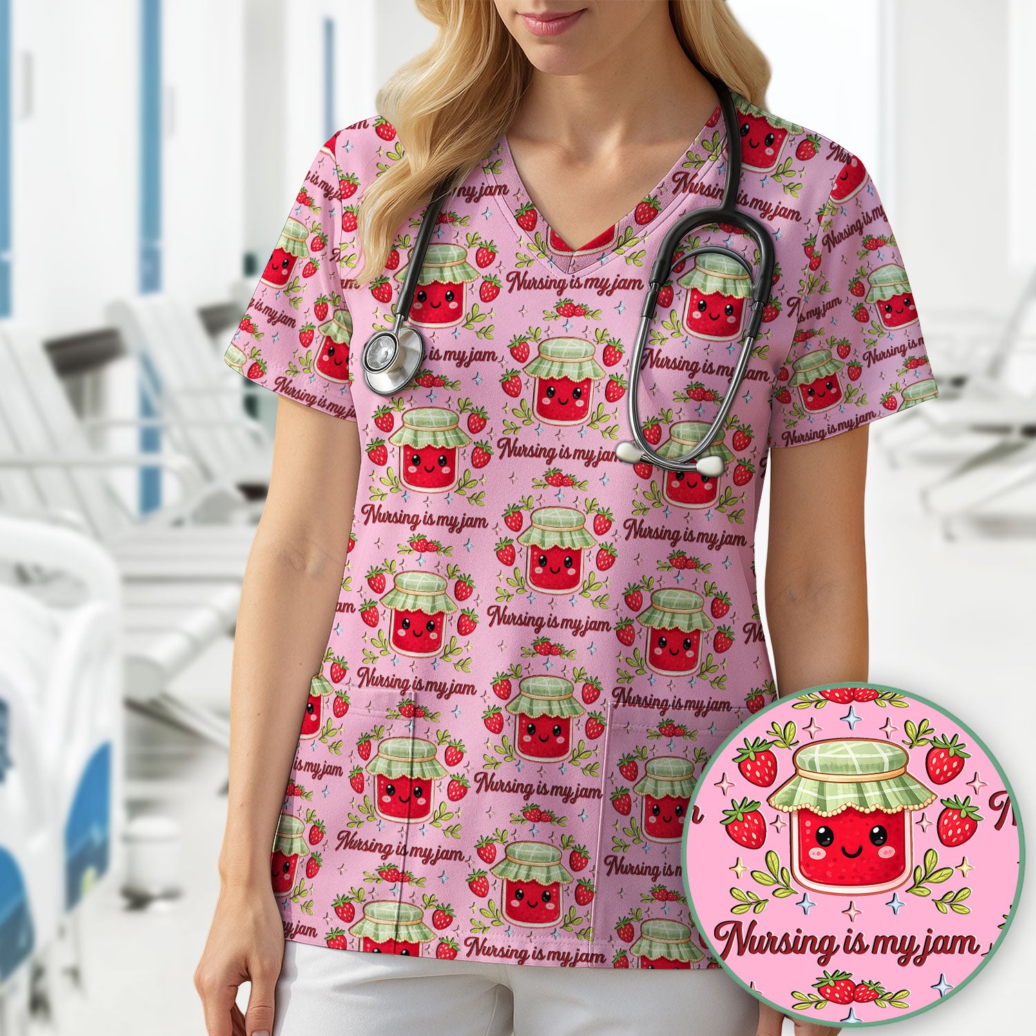 Cute Strawberry Jam Nurse Pattern Scrub Top, Breathable Fabrics Nursing Uniform