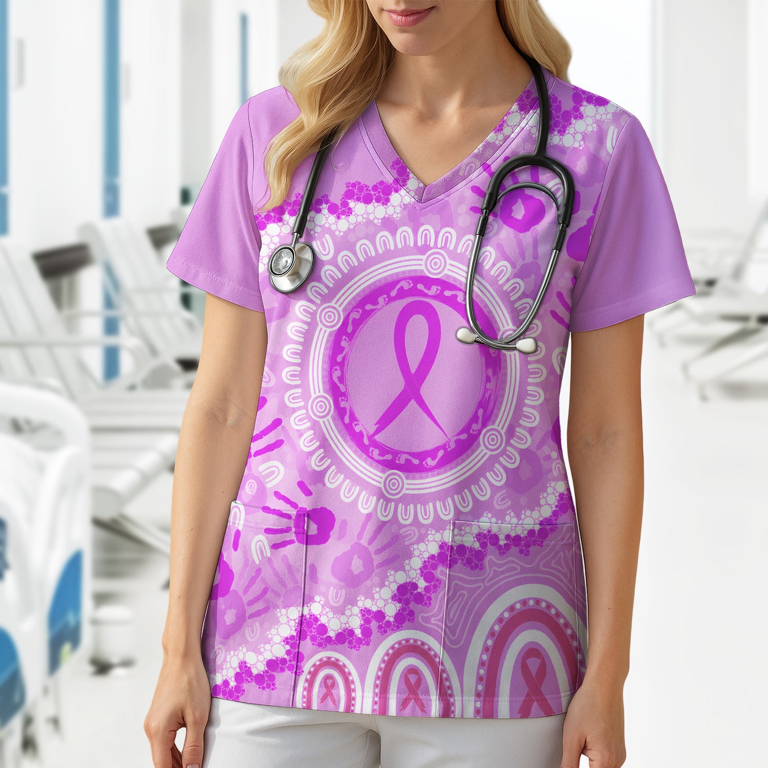 Meaningful Pink Ribbon Scrub Top, Comfortable Scrubs for Nurses