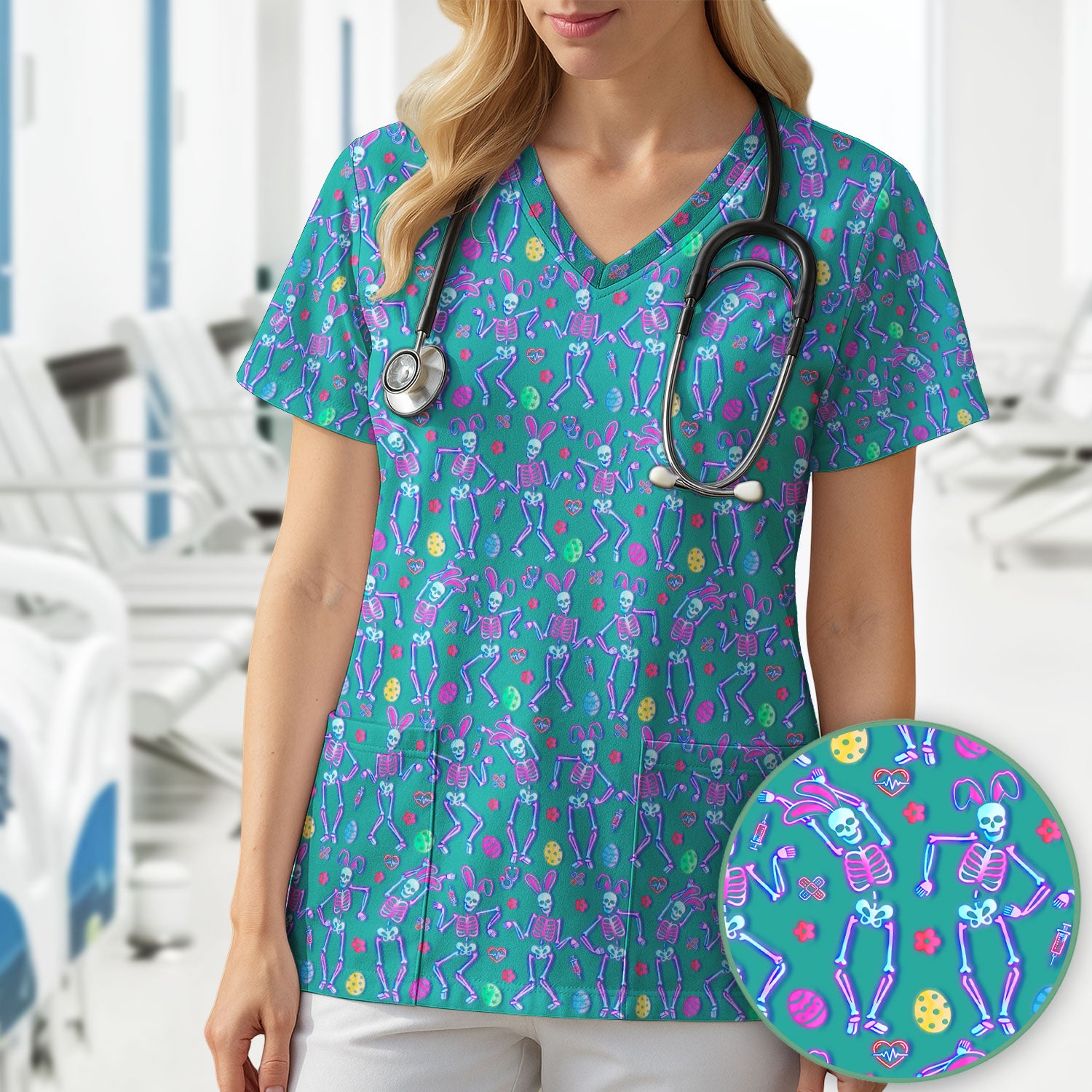 Neon Easter Skeleton Pattern Scrub Top, Comfortable Scrubs for Nurses