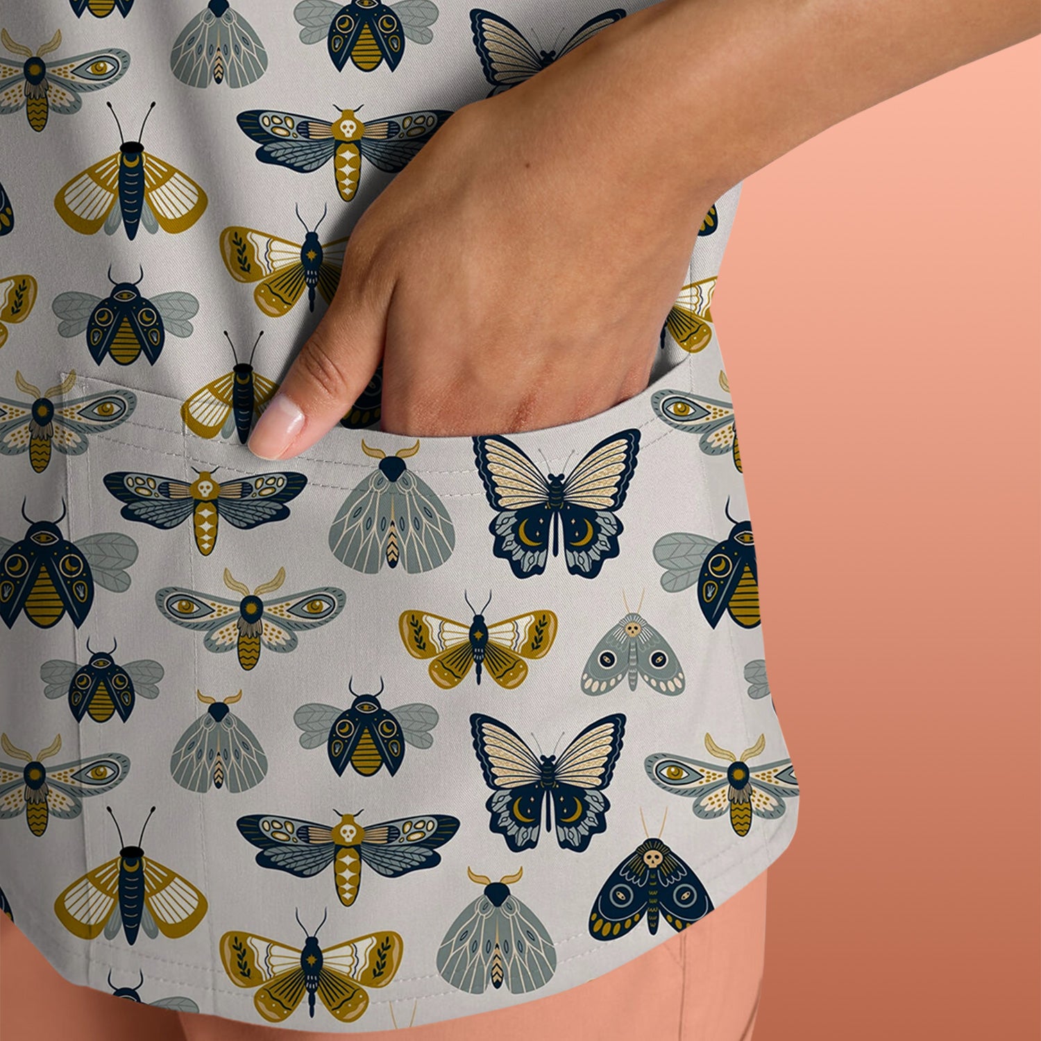 Vintage Butterfly Moth Insect Pattern Scrub Top, Comfortable Scrubs for Nurses