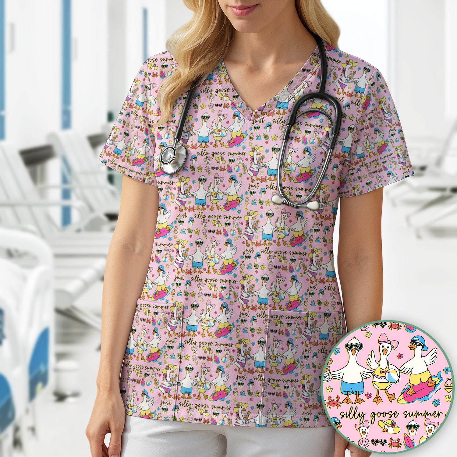 Silly Goose Summer Pattern Scrub Top, Breathable Fabrics Nursing Uniform