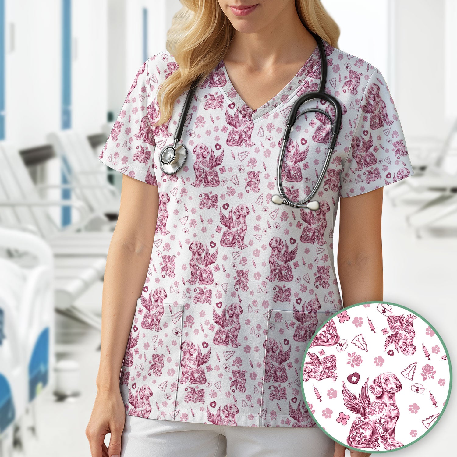 Toile de Jouy Dachshund Angel Scrub Top - Blue Vintage Dog Nurse Shirt - Memorial Christmas Gift