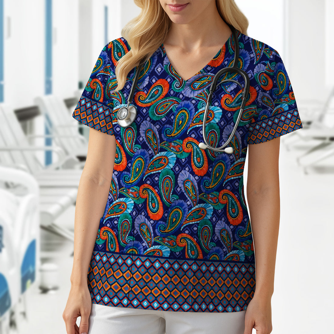 Colorful Paisley Geometric Border Pattern Scrub Top, Comfortable Scrubs for Nurses