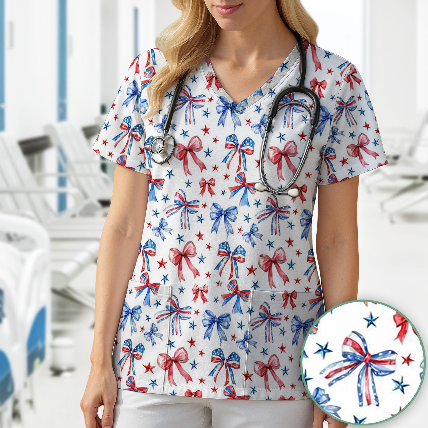 Festive Patriotic Ribbon Bow Star Pattern Scrub Top, Comfortable Scrubs for Nurses