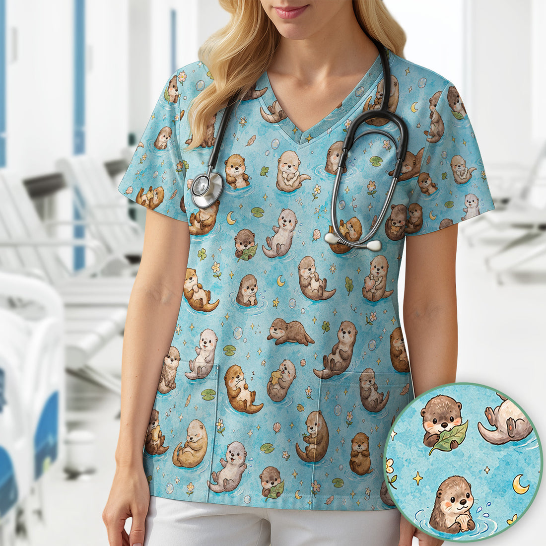 Cute Otter Pond Nurse Scrub Top for Pediatric Nurses, RN, CNA, Water Animal Uniform
