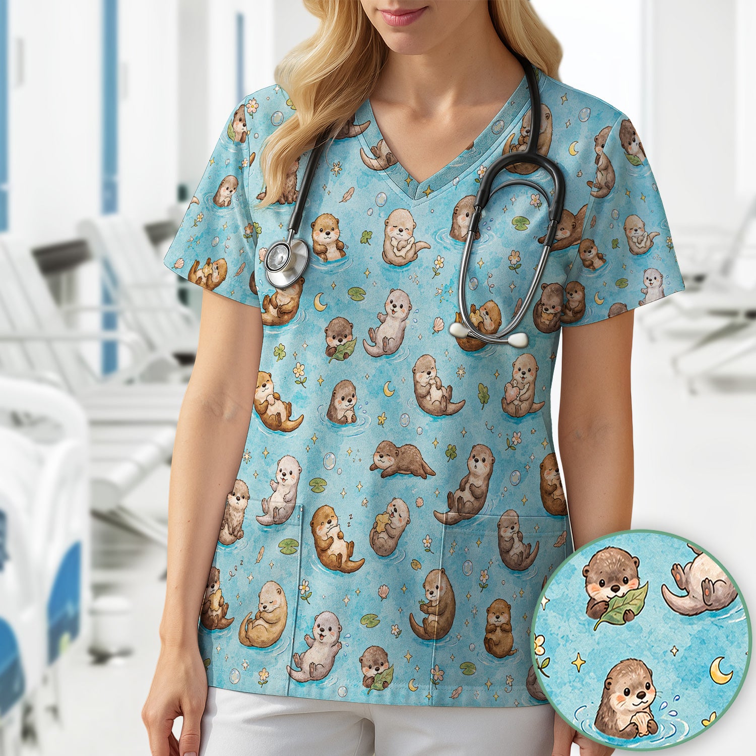 Cute Otter Pond Nurse Scrub Top for Pediatric Nurses, RN, CNA, Water Animal Uniform