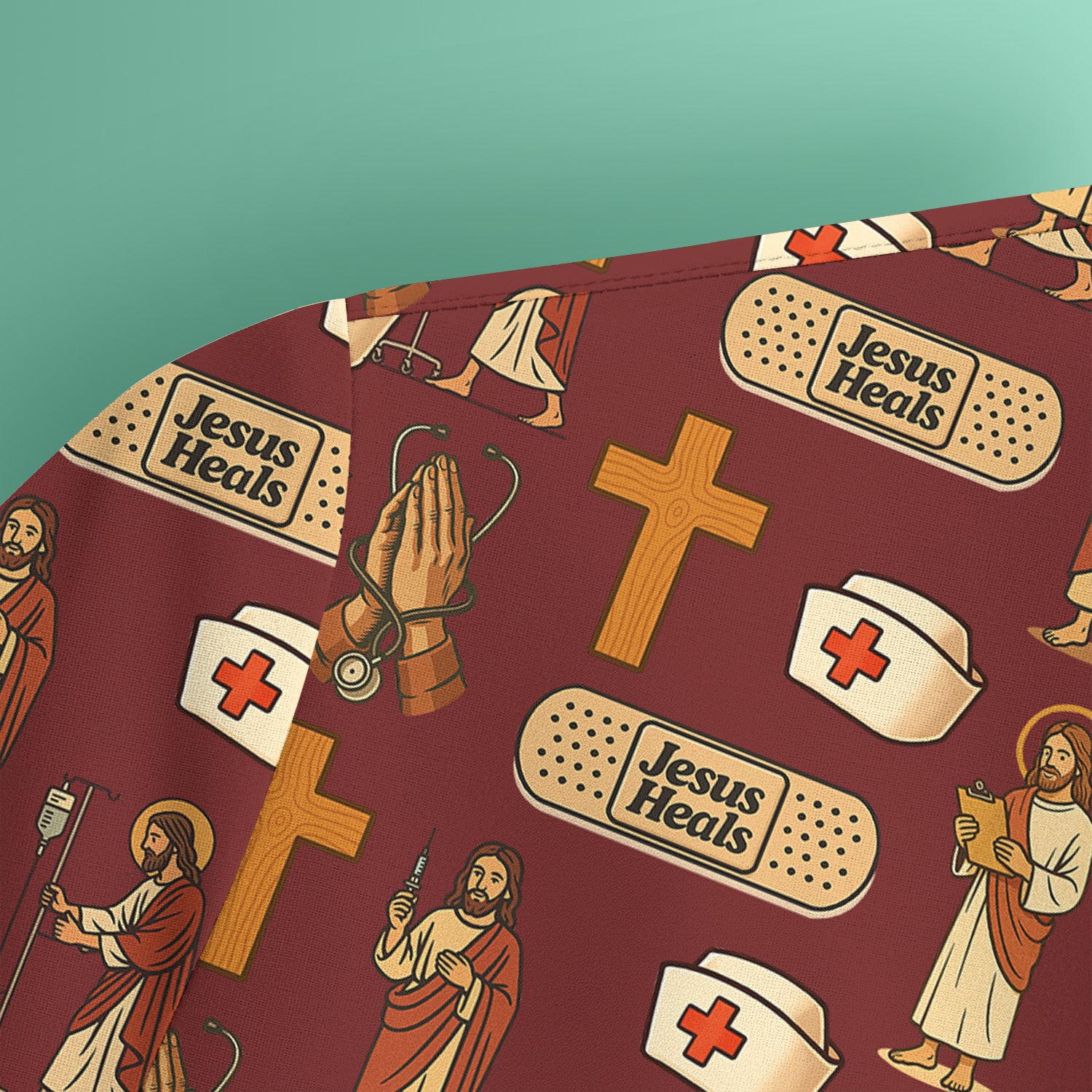 Christian Nurse Faith Scrub Top - Jesus Heals Quote & Religious Medical Pattern - Multiple Color Options Gift for RN LPN CNA