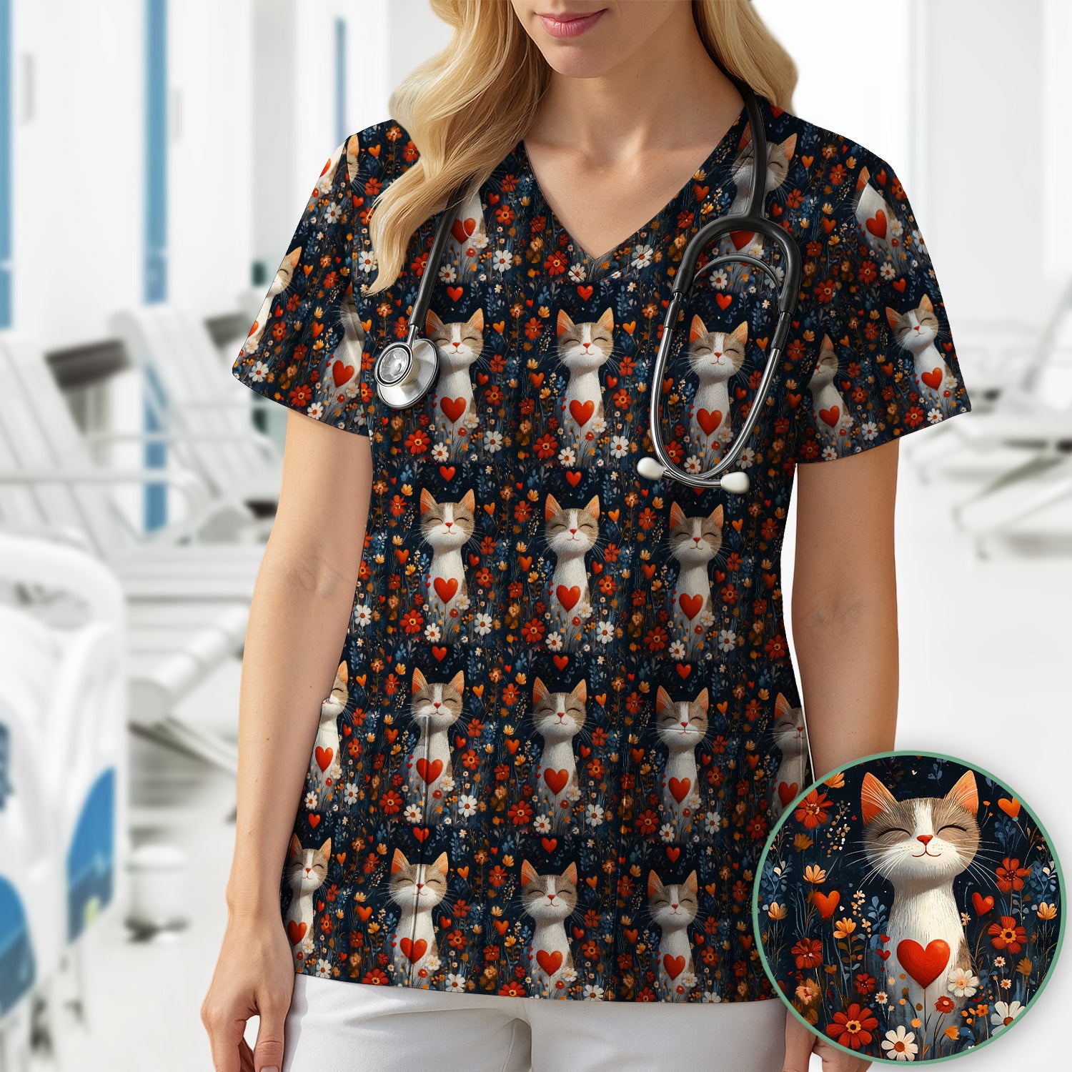 Cat Heart Floral Garden Pattern Scrub Top, Breathable Fabrics Nursing Uniform