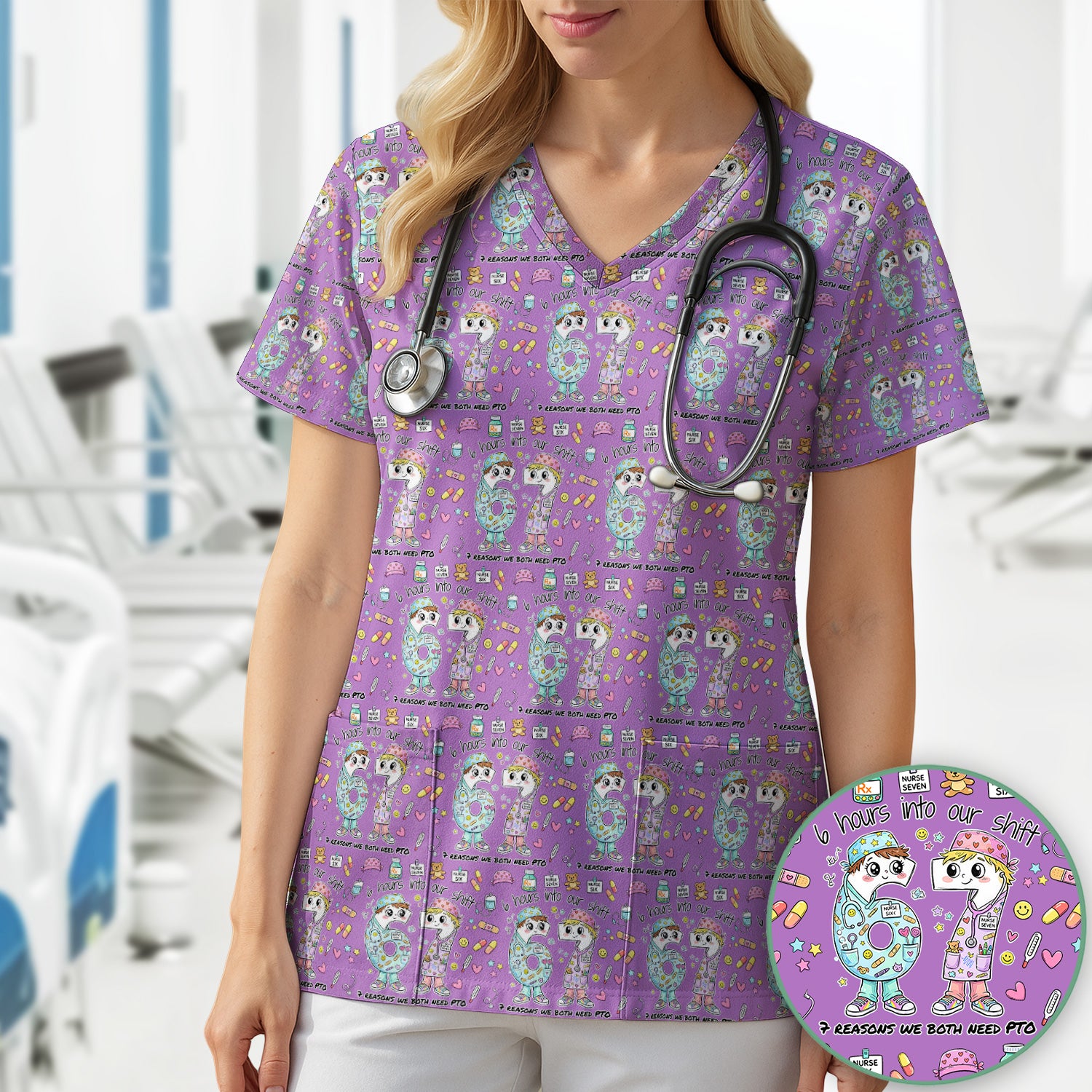Cartoon Characters Six Hours Into Shift With Medical Doodle Scrub Top, Breathable Fabrics Nursing Uniform
