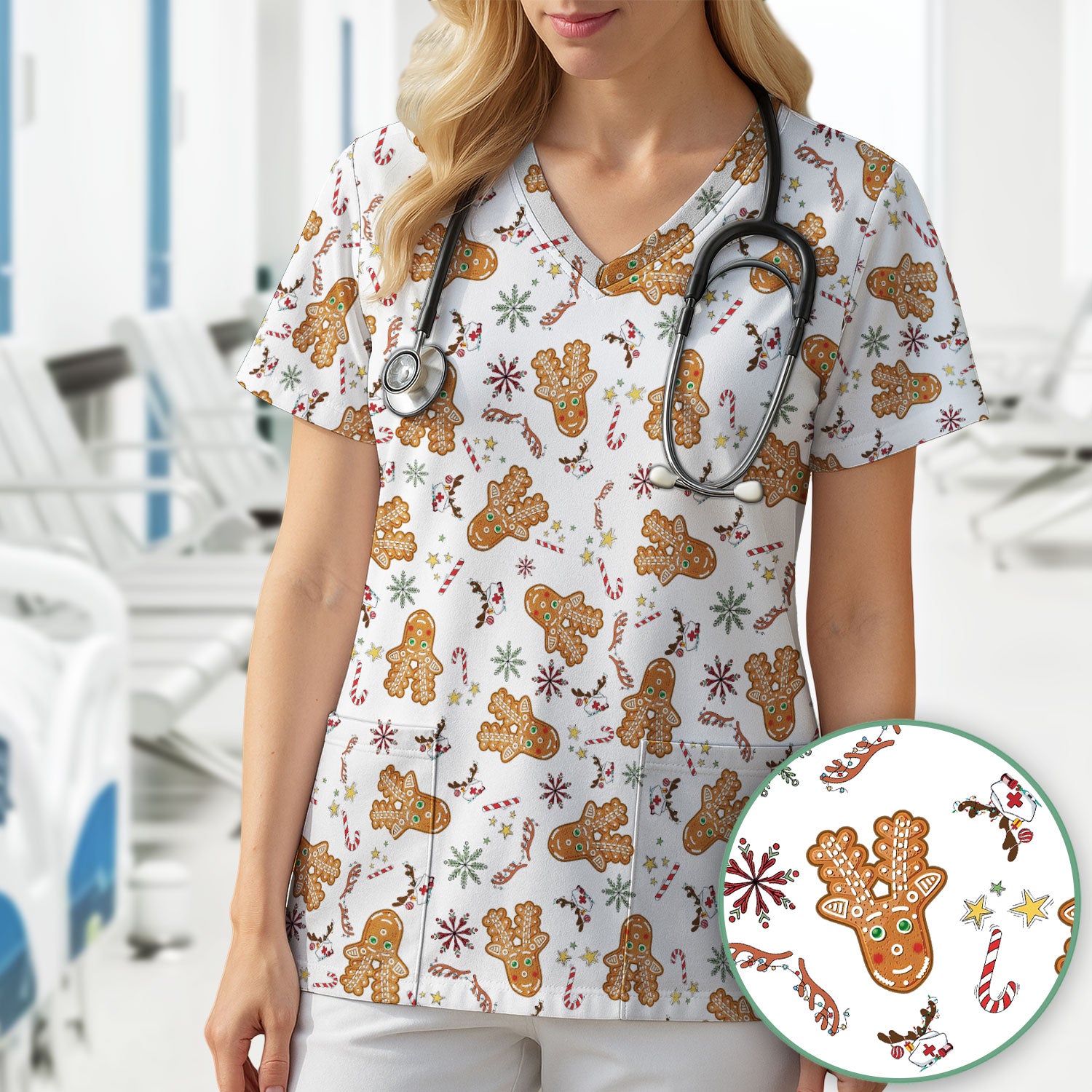 Gingerbread Cookies Reindeer Scrub Top - Funny Christmas Gingerbread Breathable Med Uniform - Comfortable Scrubs for RN CNA LPN