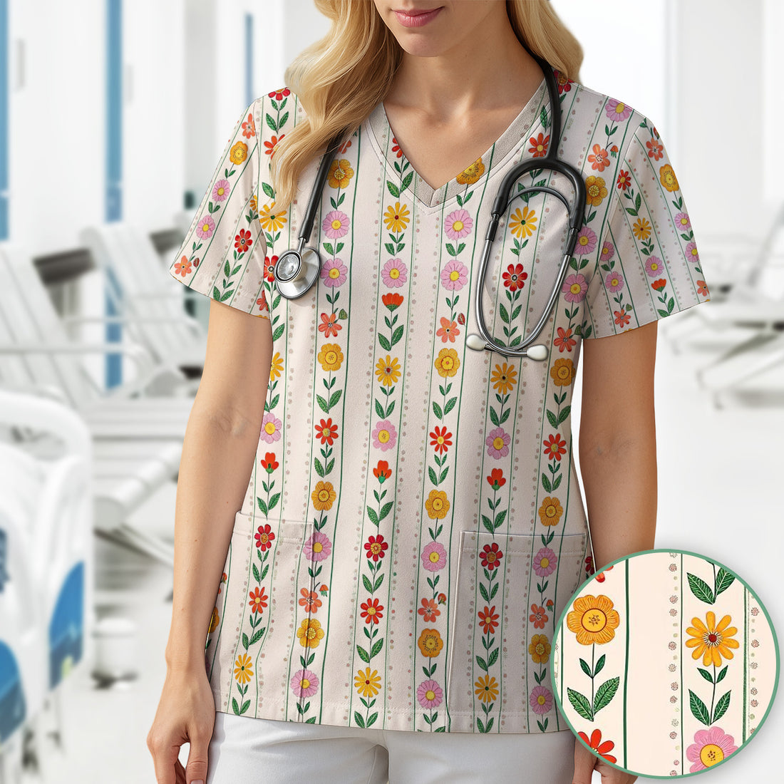 Retro Floral Stripe Nurse Scrub Top for RN, CNA, Healthcare Workers, Garden Bloom Uniform