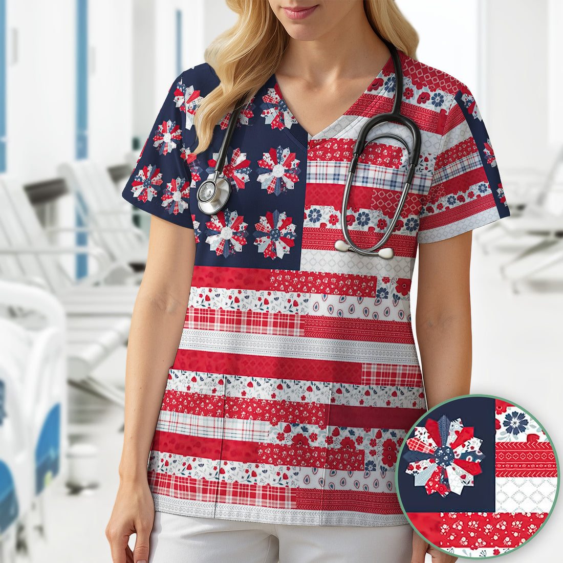 Patriotic Floral Flag Patchwork Pattern Scrub Top, Comfortable Scrubs for Nurses