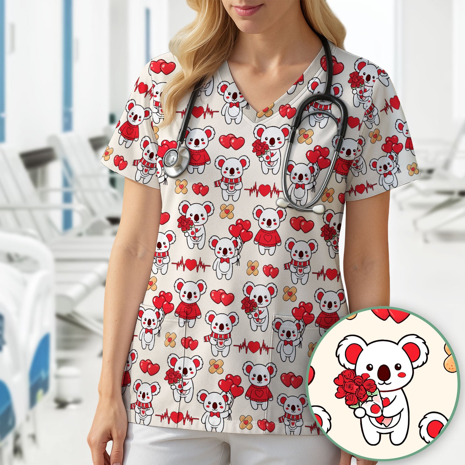 Sweet Koala Valentine Medical Design Scrub Top, Comfortable Scrubs for Nurses