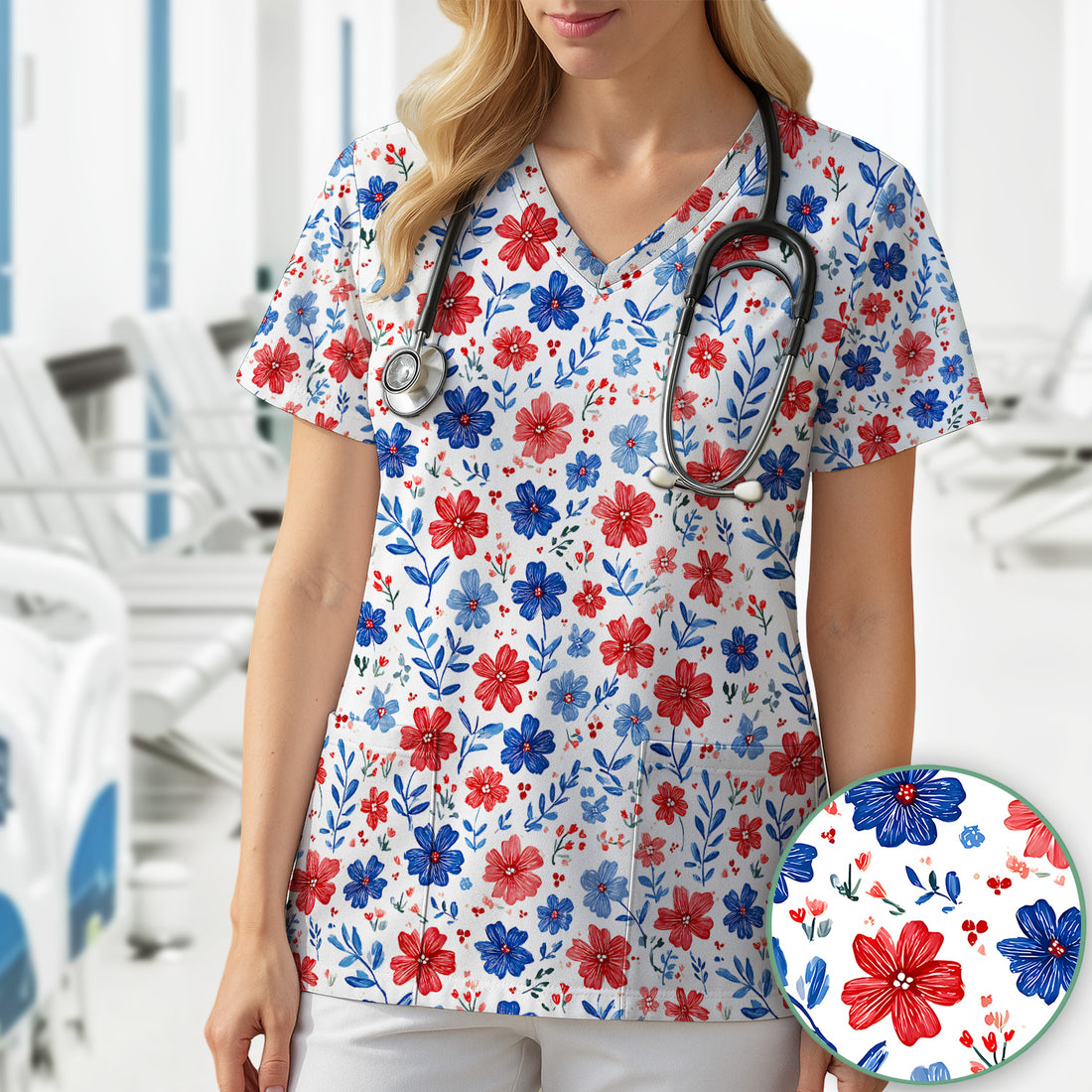Patriotic Red White Blue Floral Print Scrub Top, Comfortable Scrubs for Nurses
