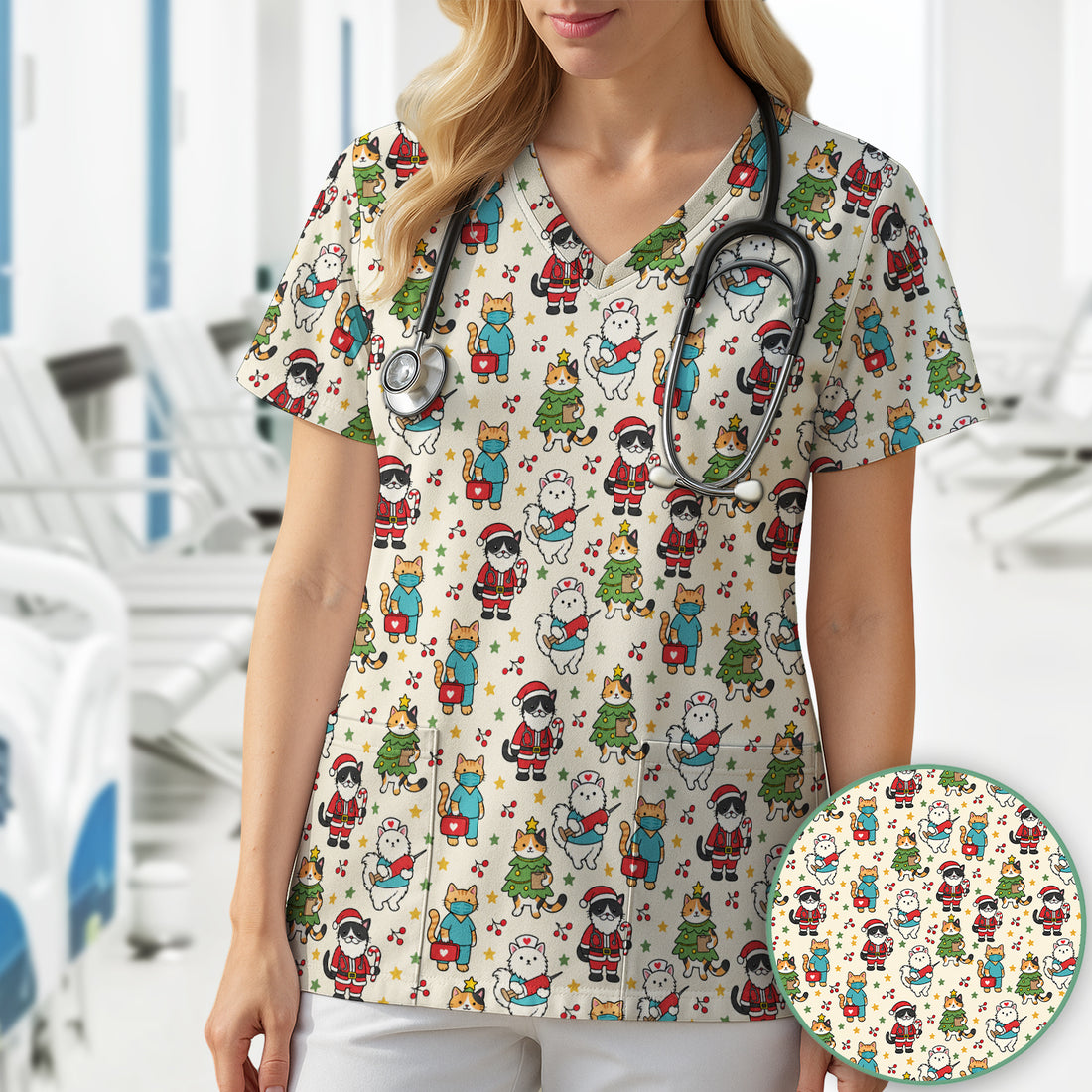 Christmas Cats In Nurse And Santa Outfits Scrub Top, Comfortable Scrubs for Nurses