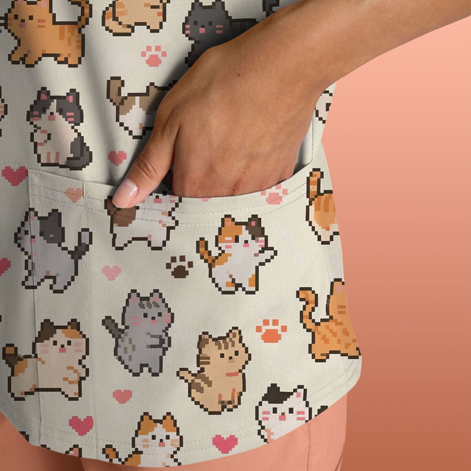 Cute Pixel Cat Heart Paw Pattern Scrub Top, Breathable Fabrics Nursing Uniform