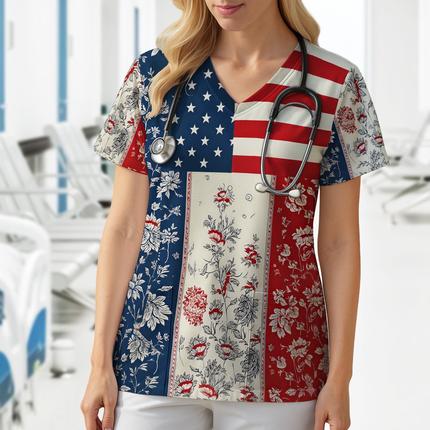 Patriotic Nurse Flag Patchwork Pattern Scrub Top, Comfortable Scrubs for Nurses