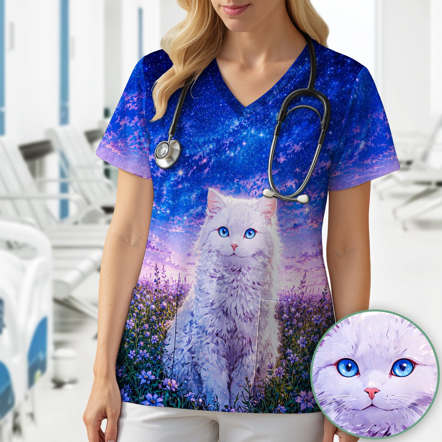 Festive Cardinal and Holly Nurse Print Scrub Top, Comfortable Scrubs for Nurses