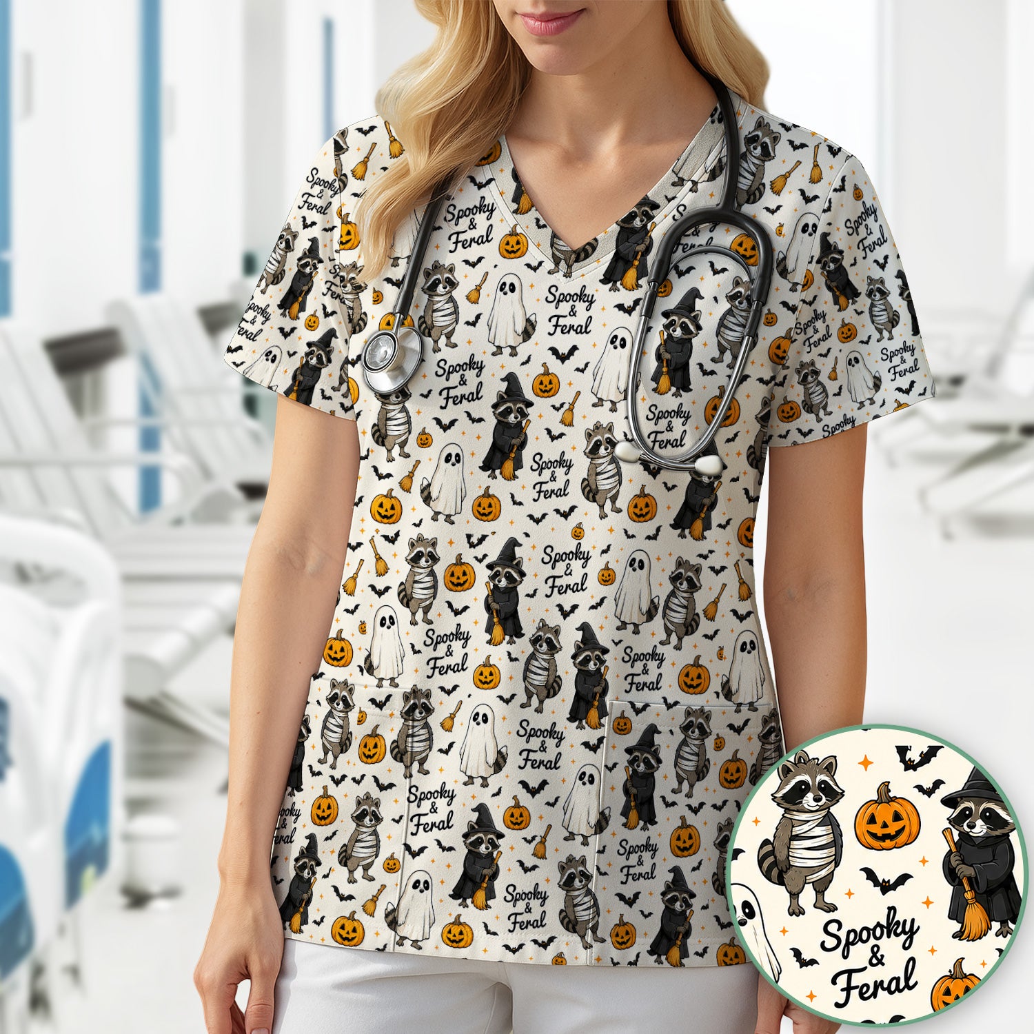 Spooky And Feral Halloween Raccoon Scrub Top, Comfortable Scrubs for Nurses