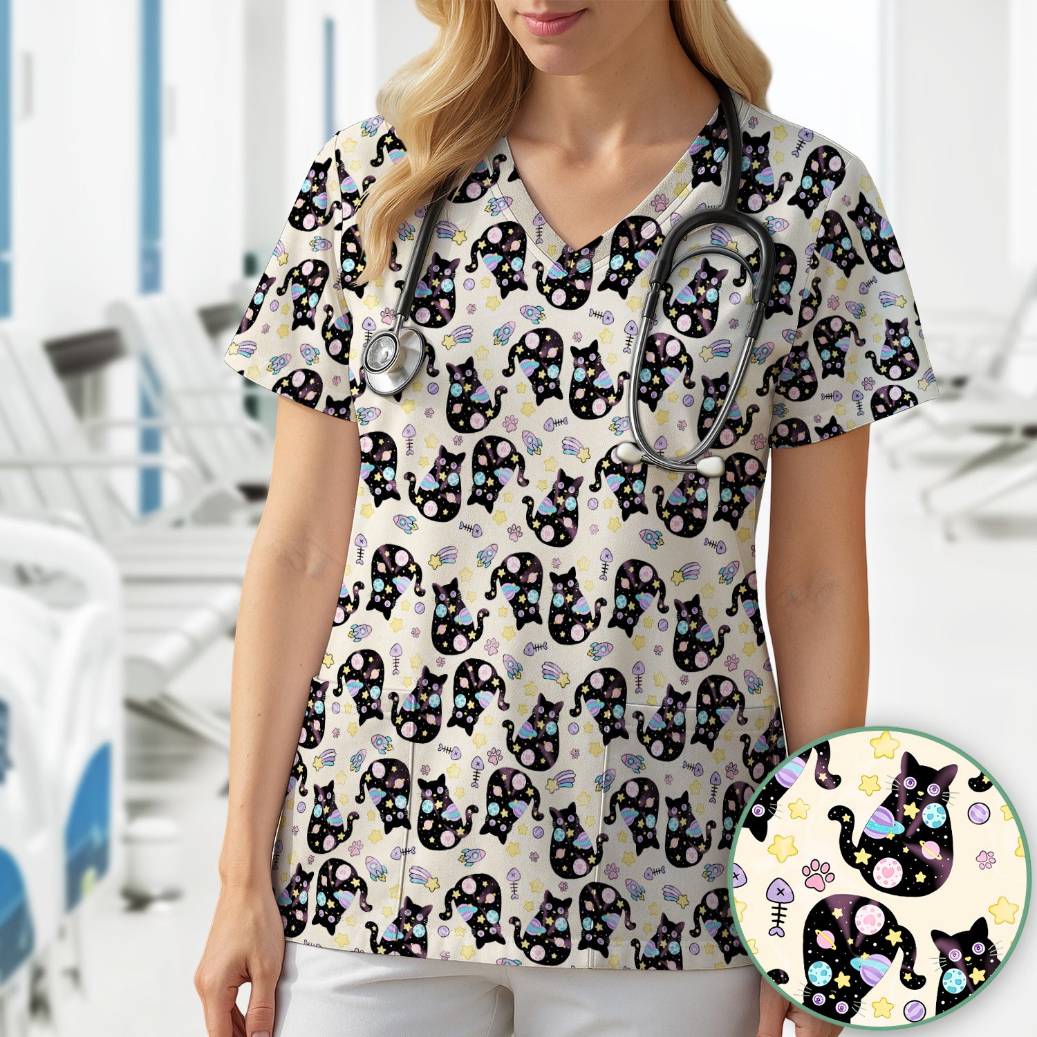 Galaxy Black Cat Space Pattern Scrub Top, Breathable Fabrics Nursing Uniform