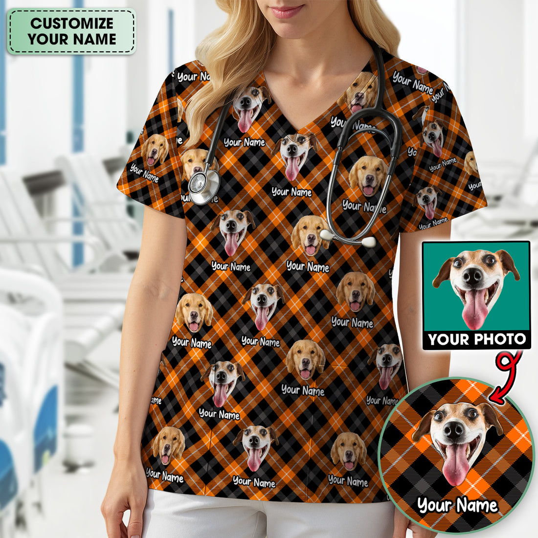 Personalized Halloween Dog Photo Plaid Scrub Top, Comfortable Scrubs for Nurses