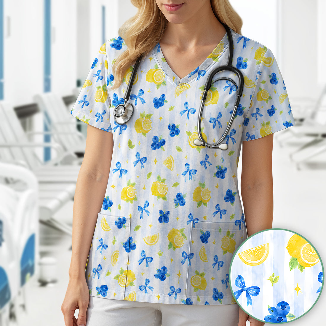 Lemon Blueberry Bow Nurse Scrub Top for RN, CNA, Healthcare Workers, Summer Fruit Uniform