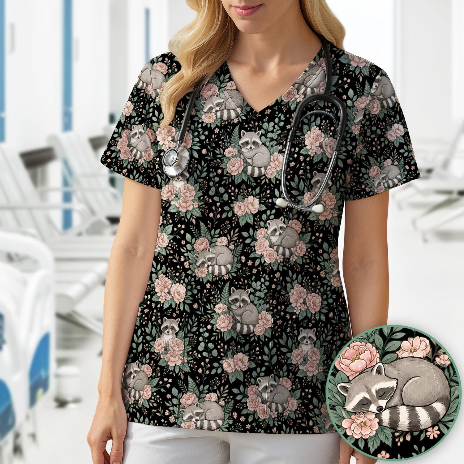 Sleeping Raccoon Rose Garden Pattern Scrub Top, Breathable Fabrics Nursing Uniform