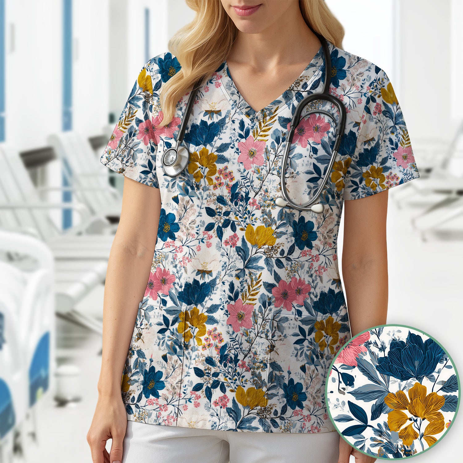 Elegant Floral Garden Bloom Pattern Scrub Top, Comfortable Scrubs for Nurses