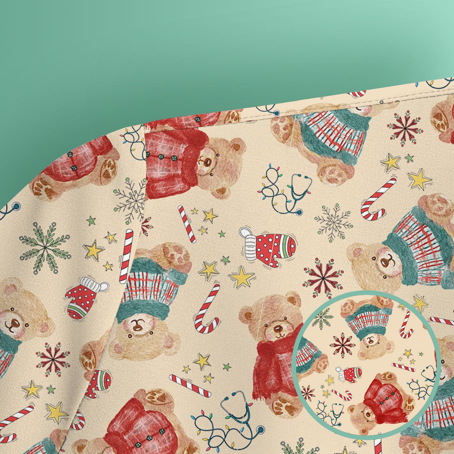 Christmas Bear Scrub Top - Cute Holiday Teddy Print Scrubs for Nurses - Funny Xmas Medical Scrub Shirt Gift for Women CNA RN