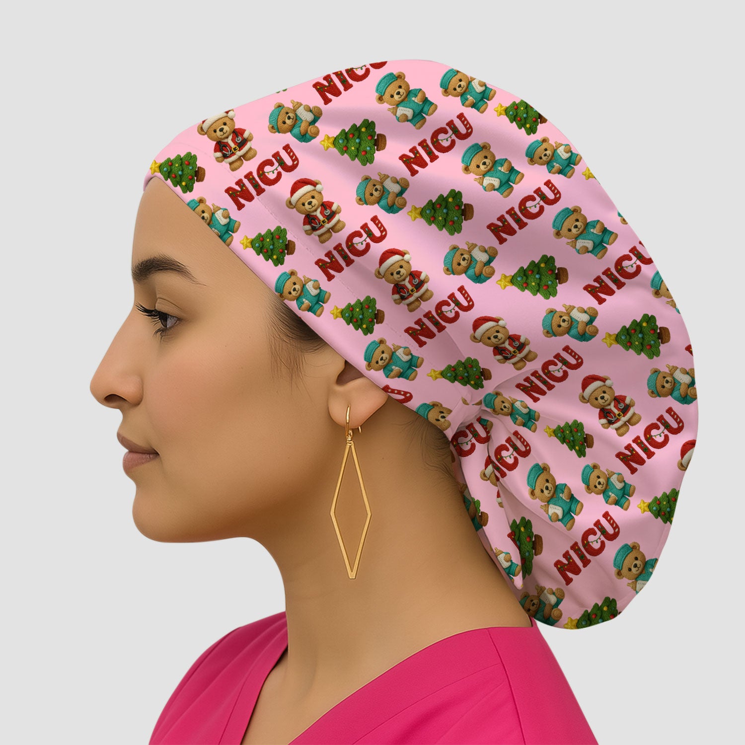 Festive Christmas NICU Nurse Teddy Bear Pattern Print Cap, Bouffant Scrub Caps for Women