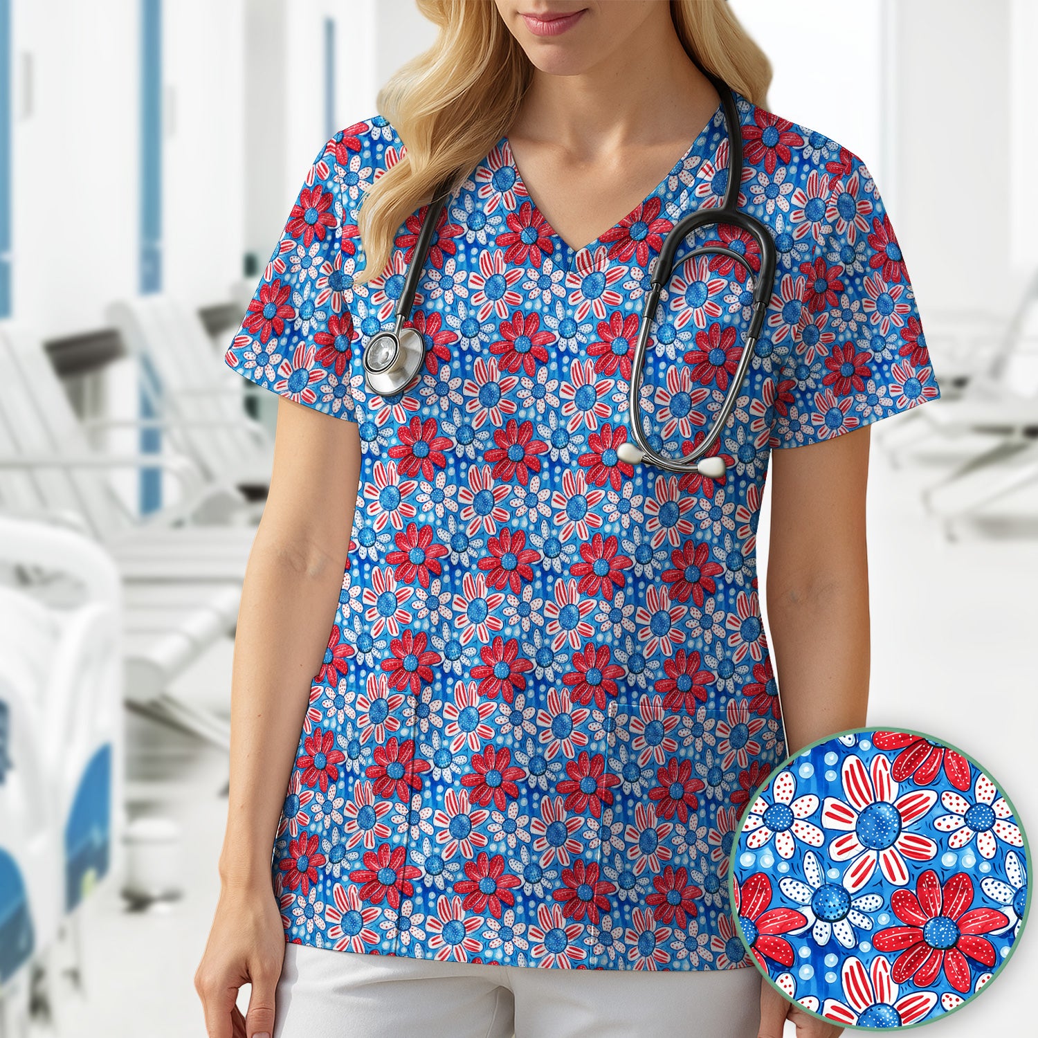 Cute Patriotic Daisy Blossom Repeat Pattern Scrub Top, Comfortable Scrubs for Nurses