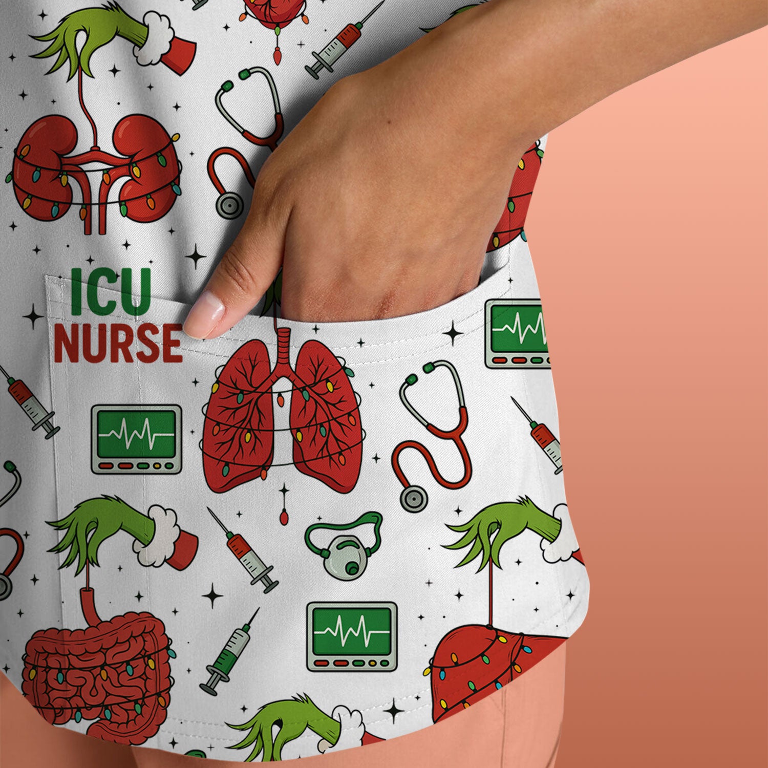Christmas ICU Nurse Scrub Top - Funny Heart Anatomy Pattern - Holiday Nursing Shirt Gift for RN LPN CNA