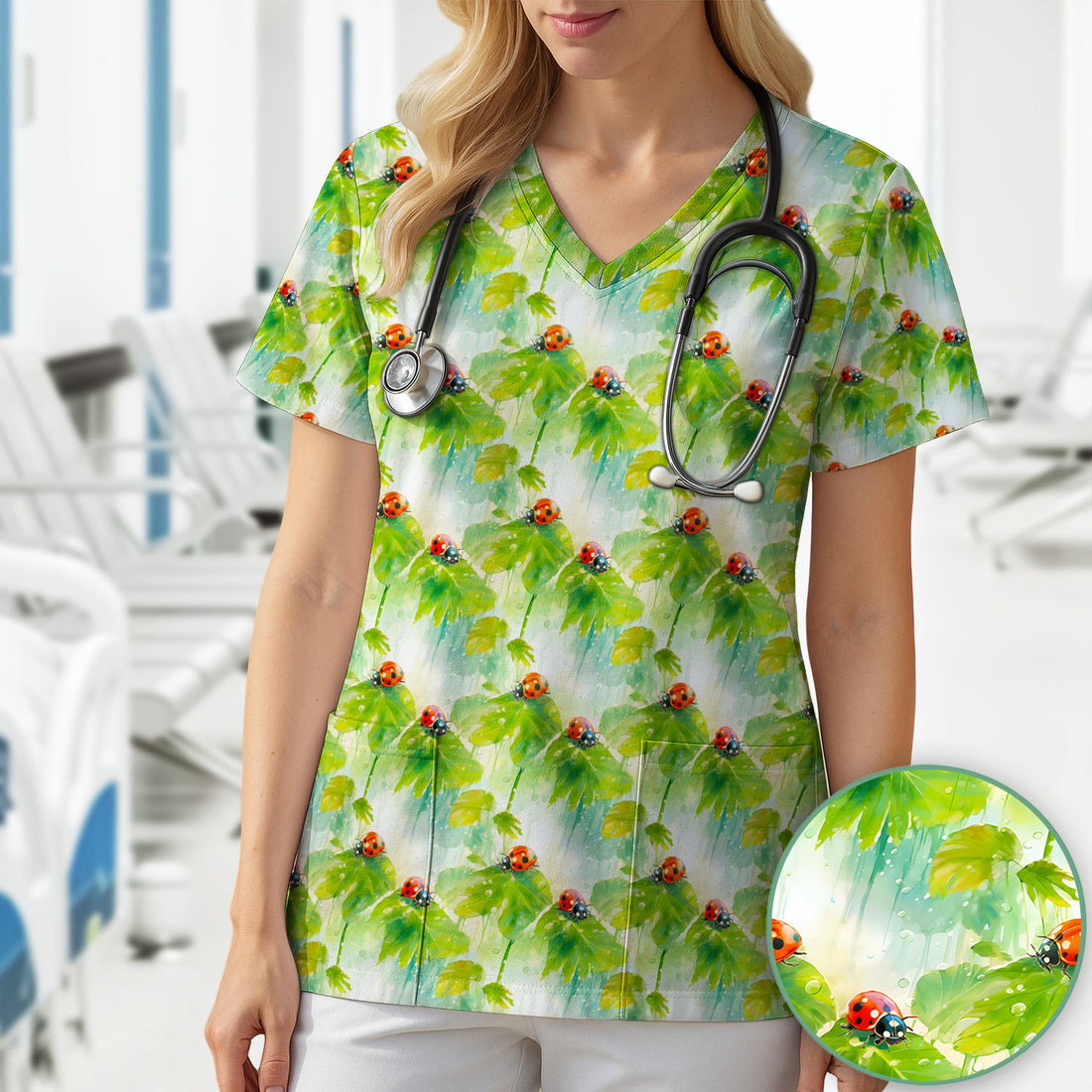 Ladybugs On Rainy Leaves Pattern Scrub Top, Comfortable Scrubs for Nurses