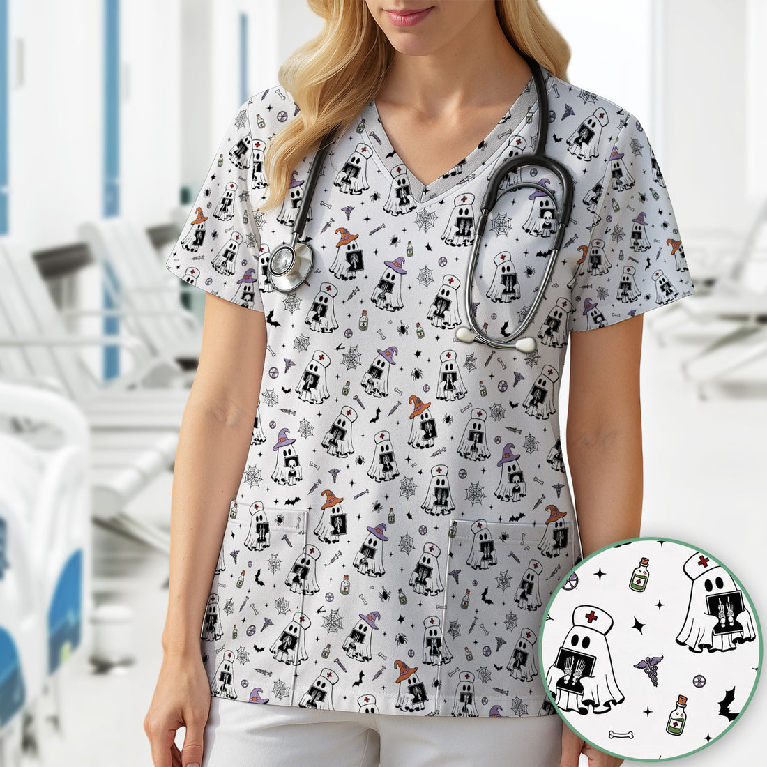 Halloween Ghost Nurses With X-Rays Scrub Top, Comfortable Scrubs for Nurses