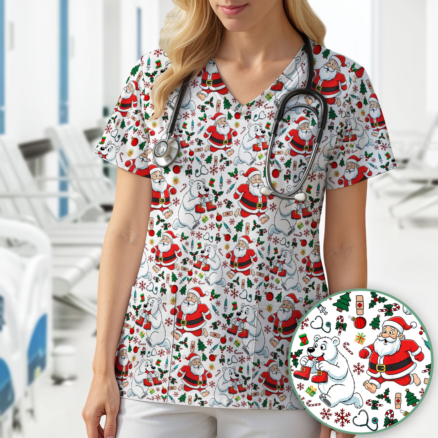 Christmas Santa & Polar Bear Scrub Top - Funny Holiday Nurse Shirt for Women - Cute Winter Medical Uniform