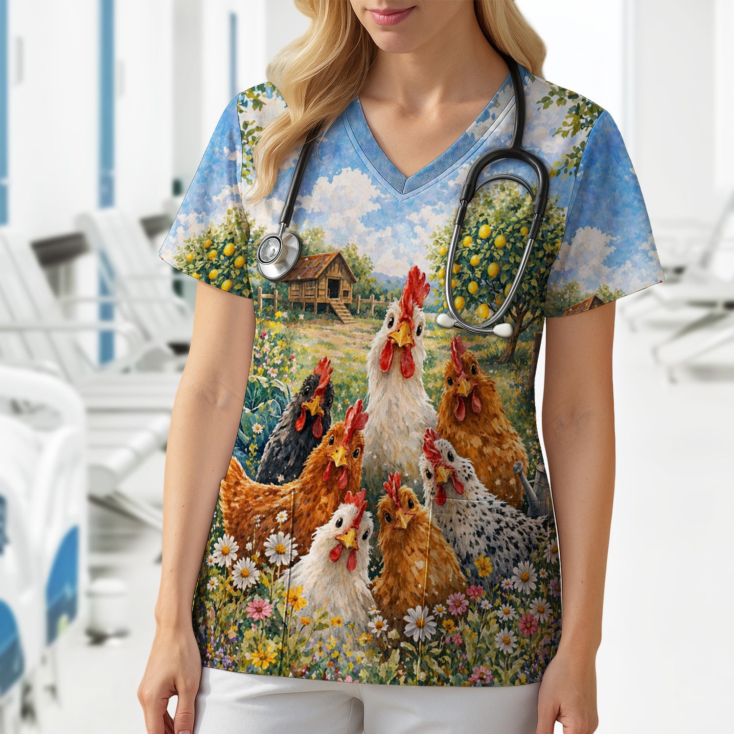 Rustic Chicken Family Farm Garden Pattern Nurse Scrub Top, Comfortable Scrubs for Nurses