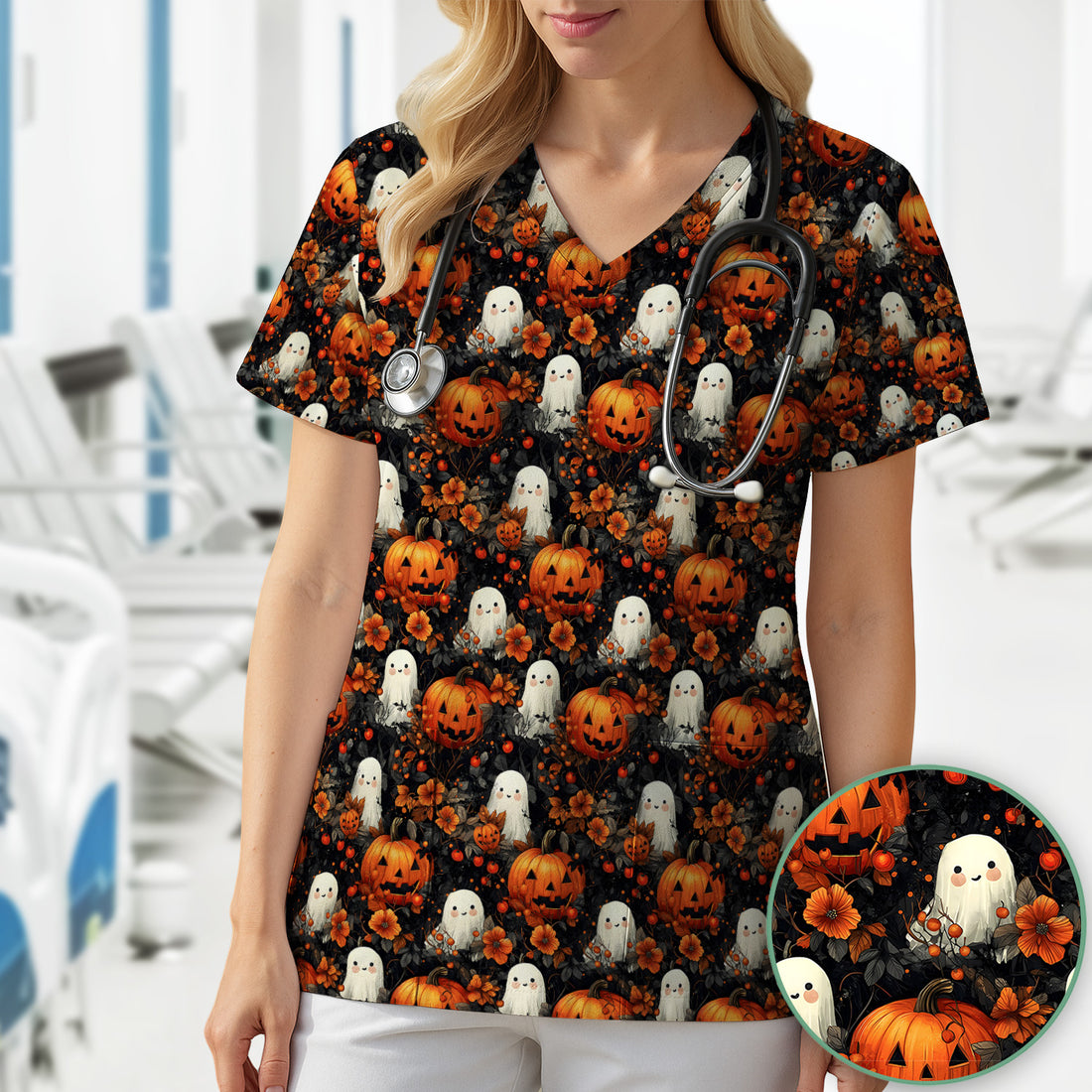 Spooky Halloween Ghost And Pumpkin Pattern Scrub Top, Comfortable Scrubs for Nurses