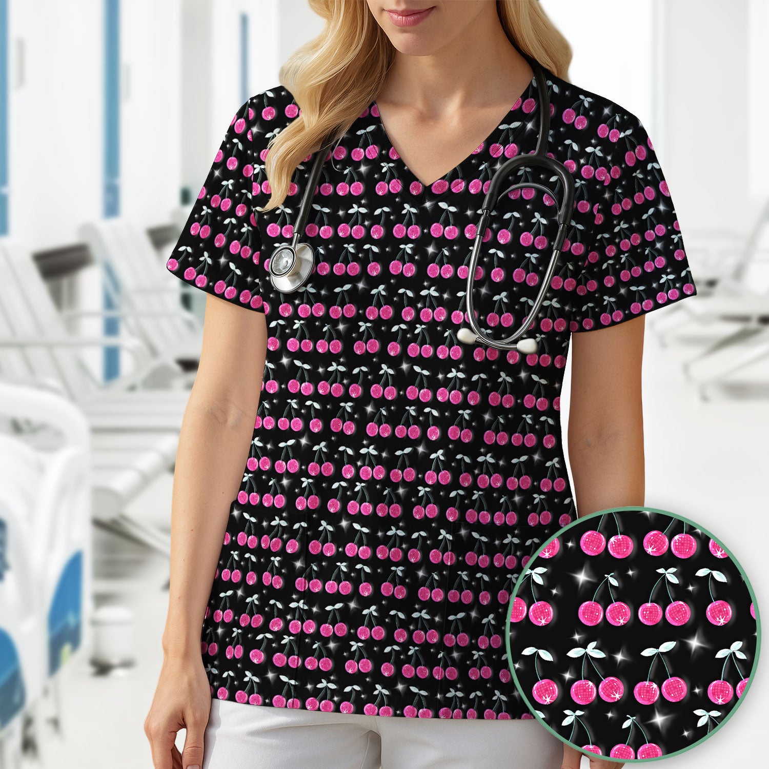 Pink Cherry Sparkle Print Scrub Top, Comfortable Scrubs for Nurses