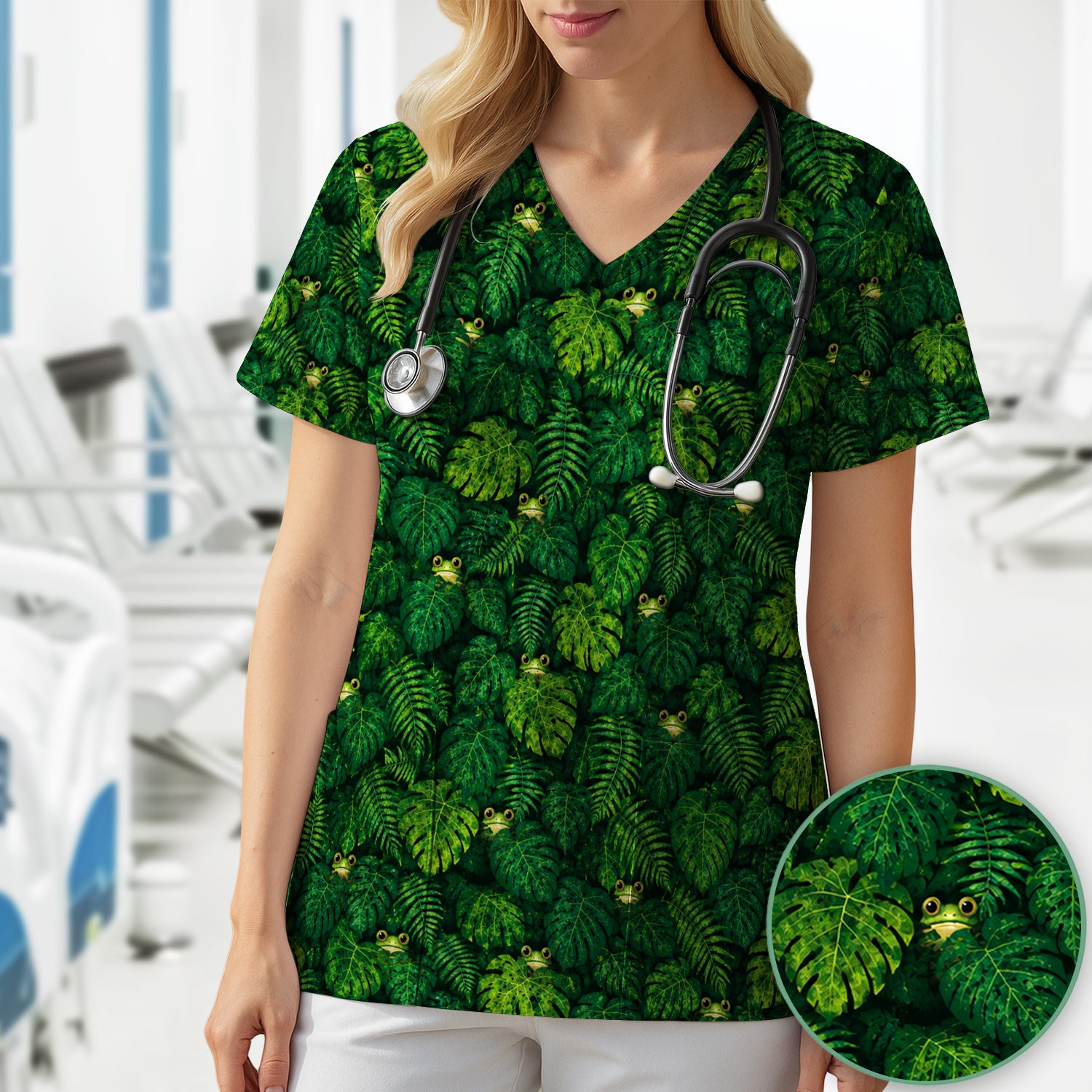 Cute Hidden Frog Jungle Pattern Scrub Top, Comfortable Scrubs for Nurses