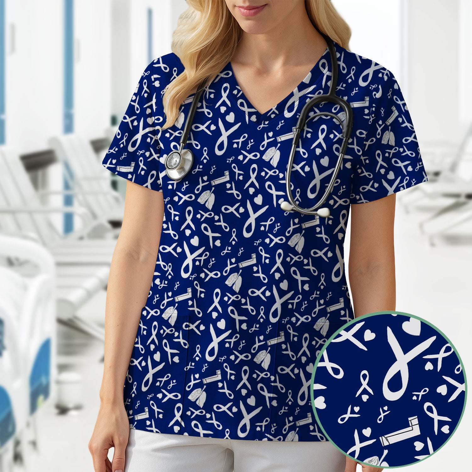 Lung Cancer Awareness Nurse Scrub Top - Gray Ribbon Inhaler & Lungs Pattern - COPD Asthma Medical Uniform Gift for RN LPN CNA