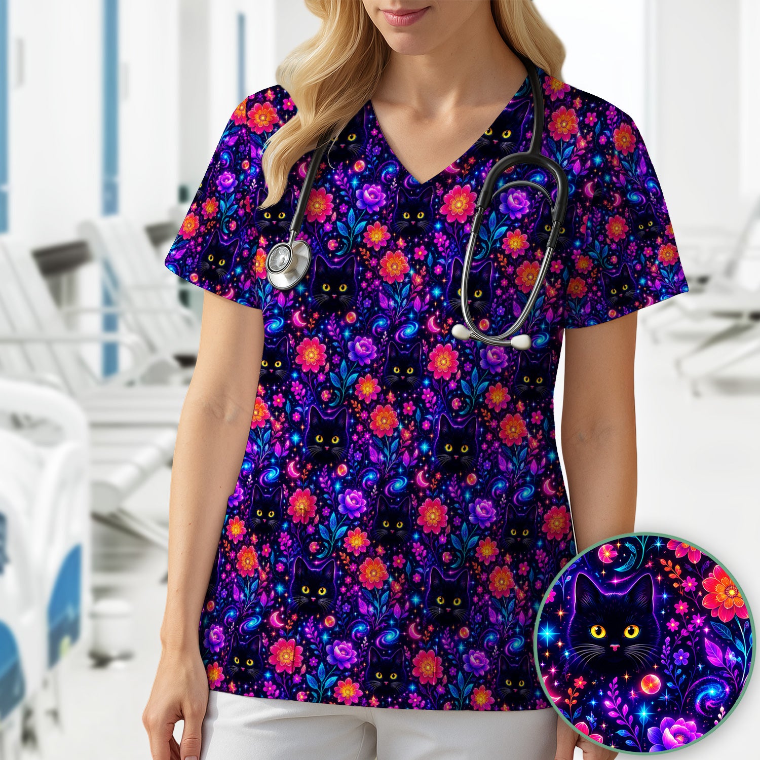 Galaxy Black Cat Floral Pattern Scrub Top, Comfortable Scrubs for Nurses