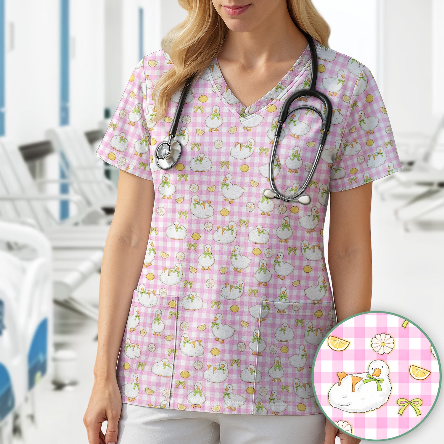 Adorable Ducks Lemon Daisy Pattern Scrubs Top, Comfortable Scrubs for Nurses