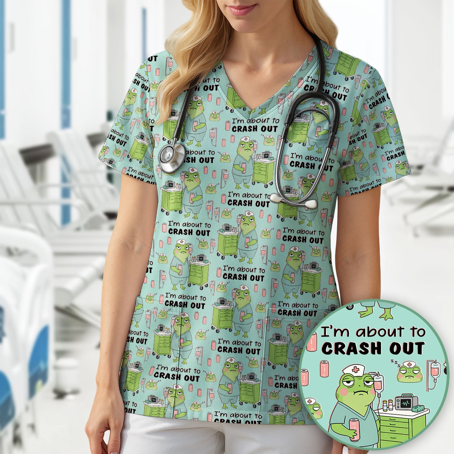 Funny Frog Pattern Nurse Scrub Top, I’m About to Crash Out Nurse Shirt, Breathable Fabrics Nursing Uniform