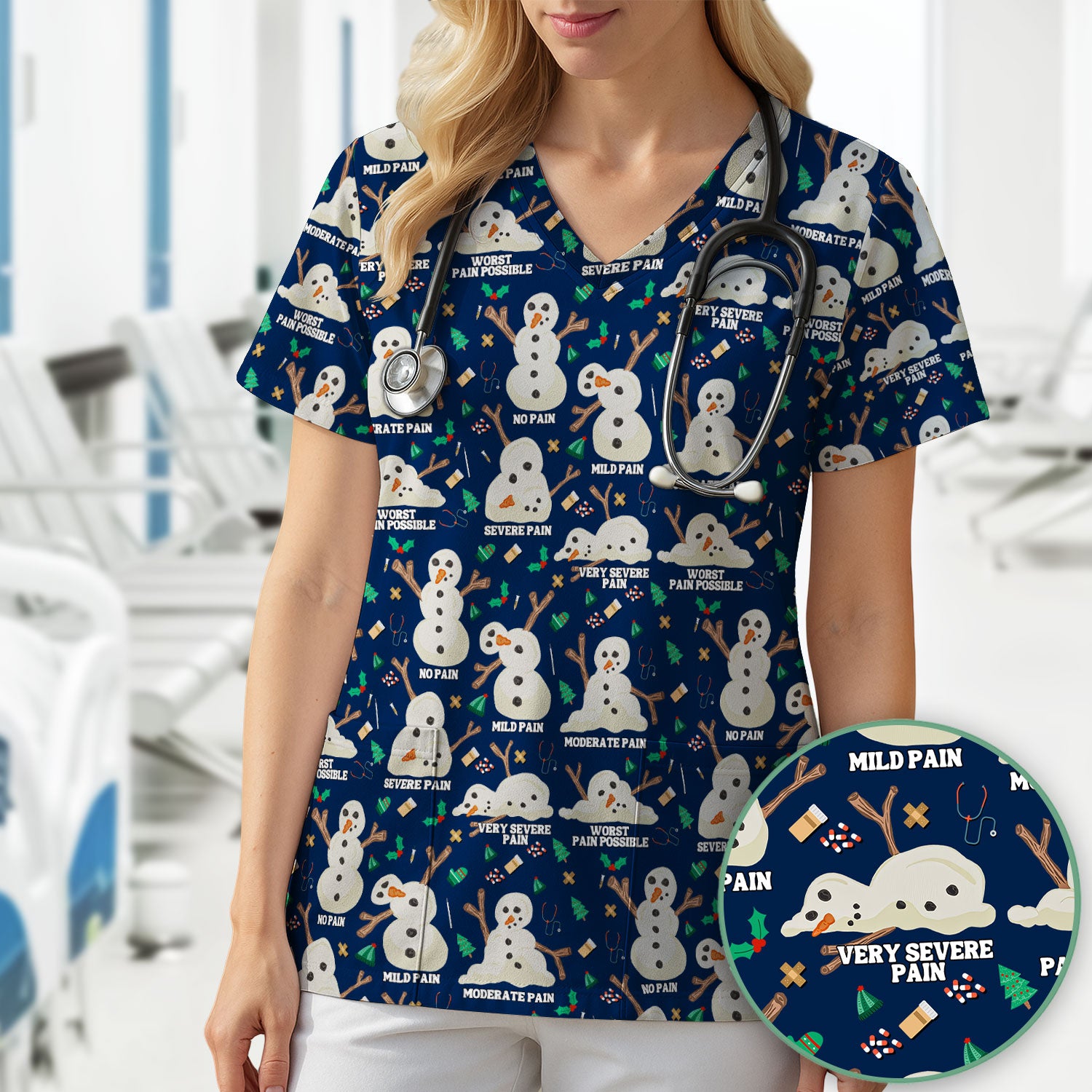 Funny Snowman Pain Scale Scrub Top for Nurse - Christmas Medical Shirt for Women RN LPN CNA - Cute Winter Nursing Uniform