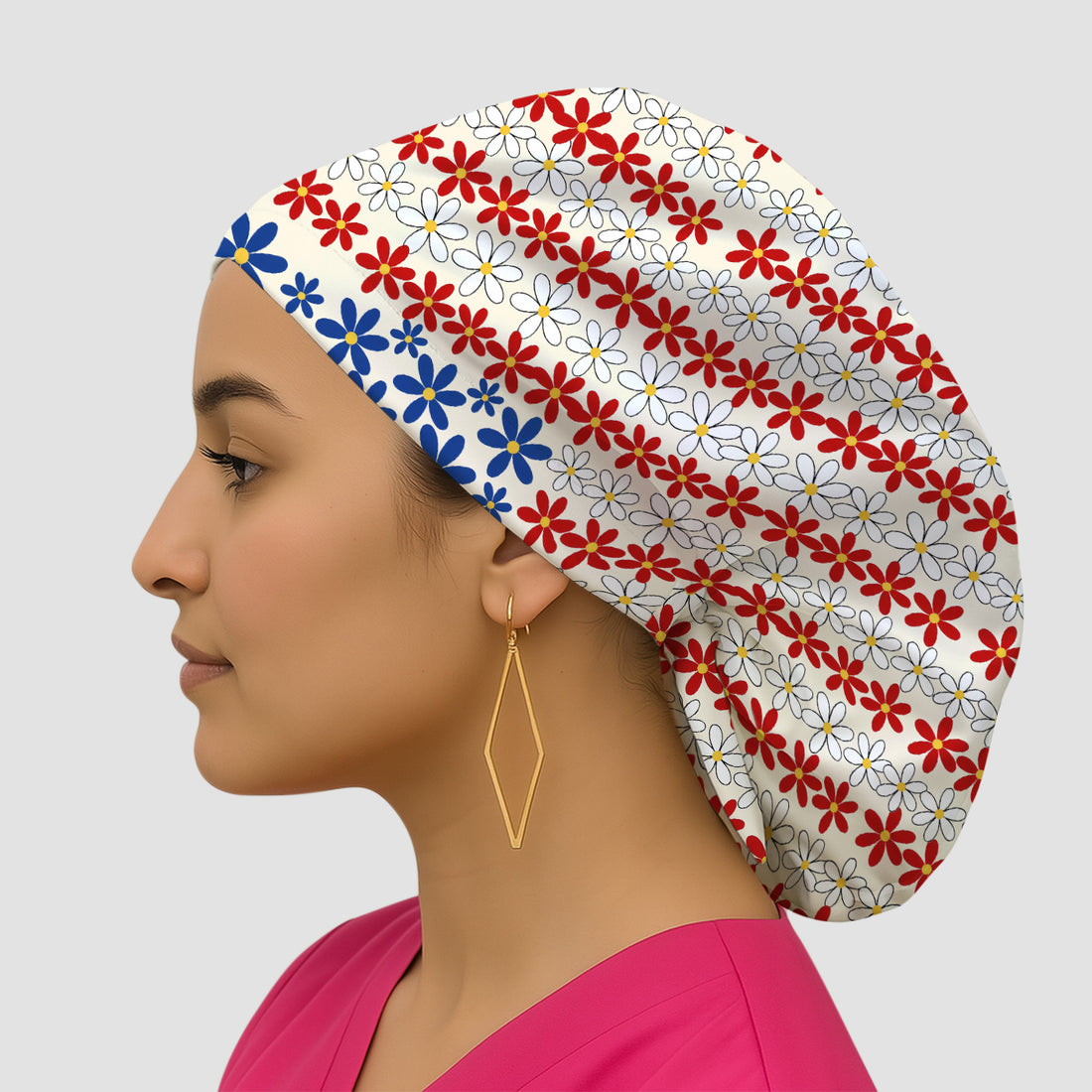 Retro Red Blue Daisy Stripe Pattern Scrub Cap, Surgical Caps for Doctors