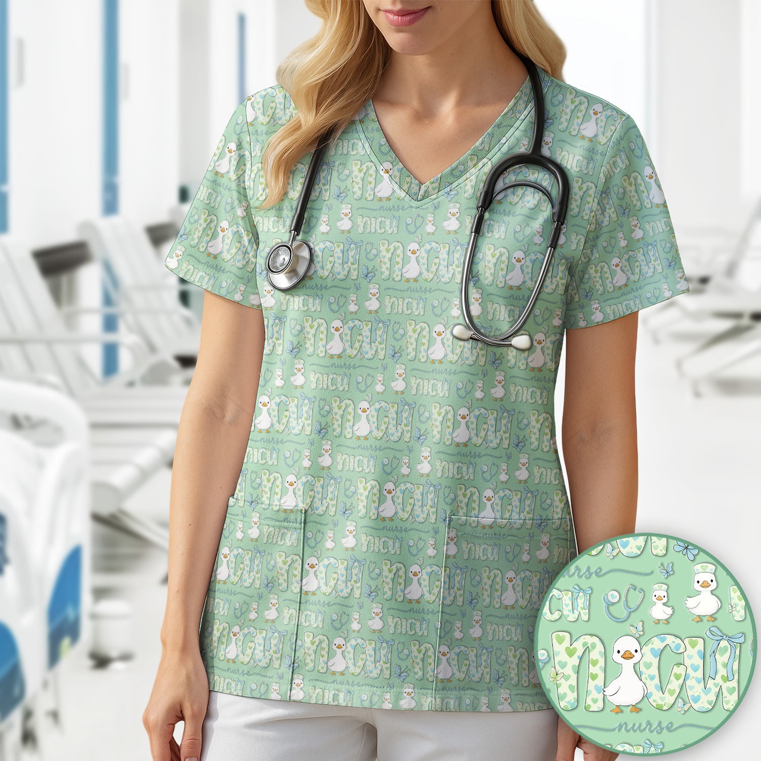 NICU Nurse Duck Pattern Scrub Top, Comfortable Scrubs for Nurses