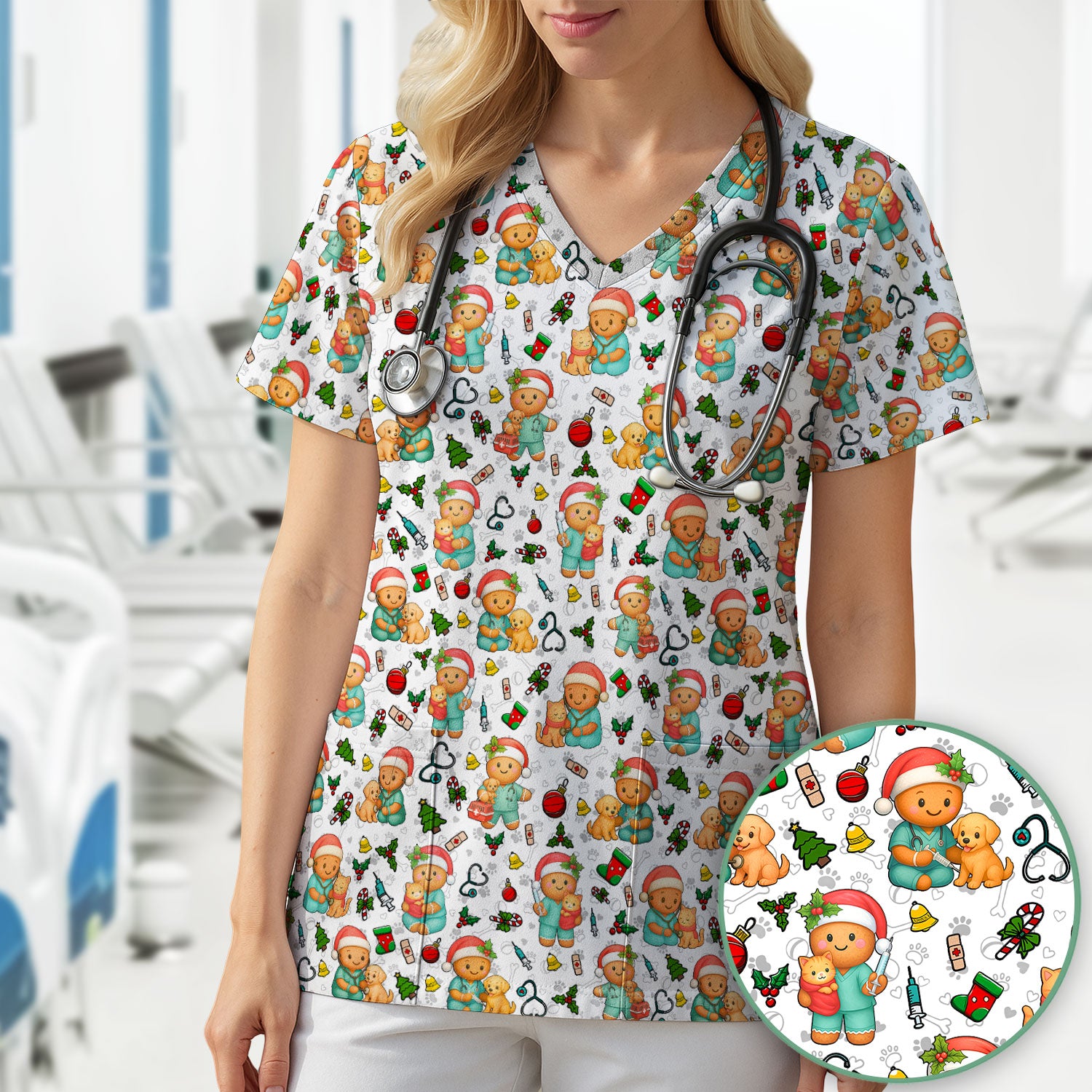 Cute Pharmacy Christmas Scrub Top – Funny Gingerbread Nurse Print Shirt – Festive Holiday Medical Uniform for Pharmacy Tech and Doctor