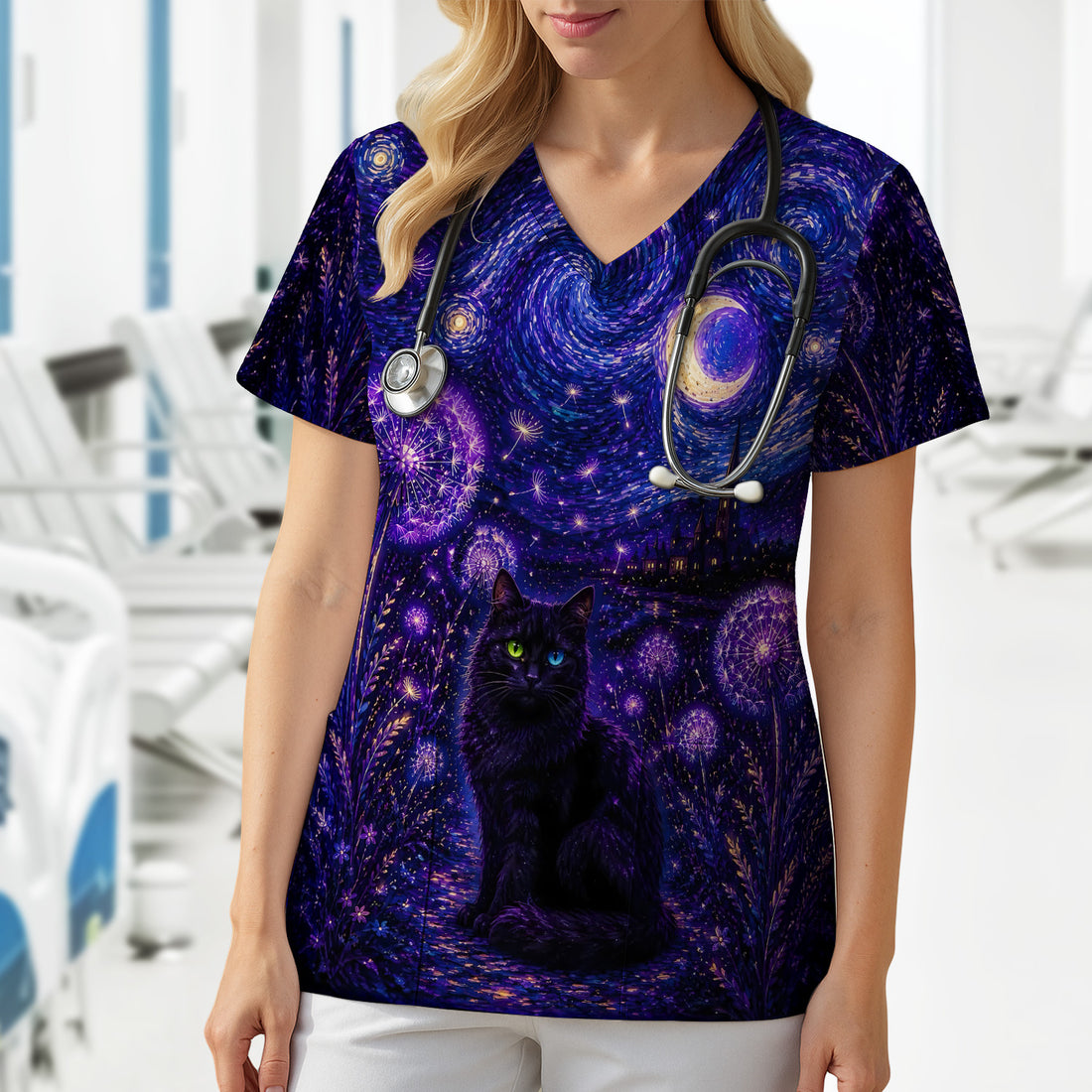 Mystical Black Cat Starry Night Print Scrub Top, Comfortable Scrubs for Nurses