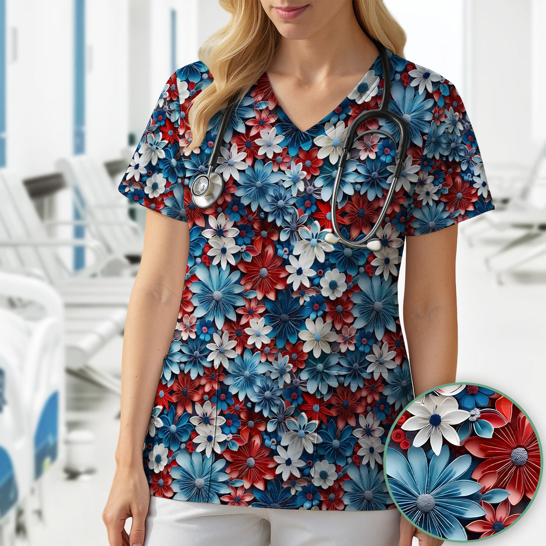 Patriotic 3D Floral Nurse for RN & CNA, Red Blue White Healthcare Workers Uniform Scrub Top, Comfortable Scrubs for Nurses