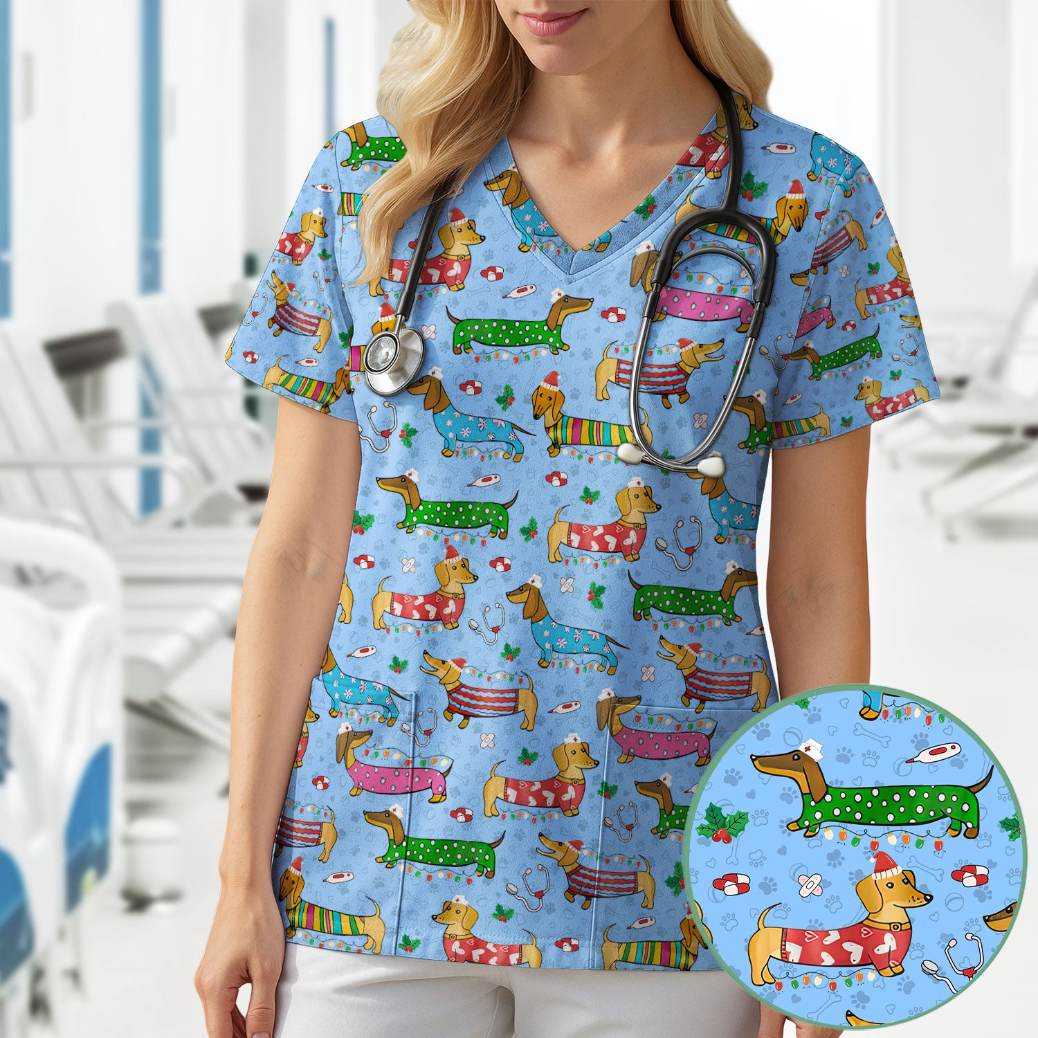 Christmas Dachshund Nurse Scrub Top - Cute Wiener Dog in Holiday Outfit - Funny Medical Shirt Gift for Women RN LPN CNA